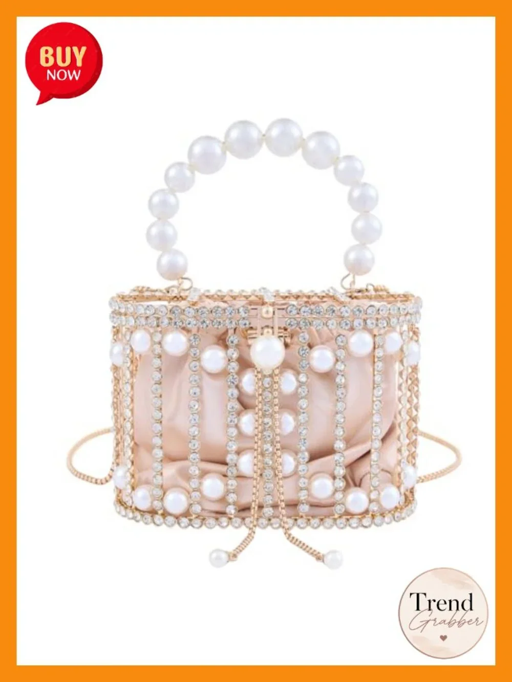 Pearl Clutch Rhinestone Cage Bag Evening Bag with Pearl Handle